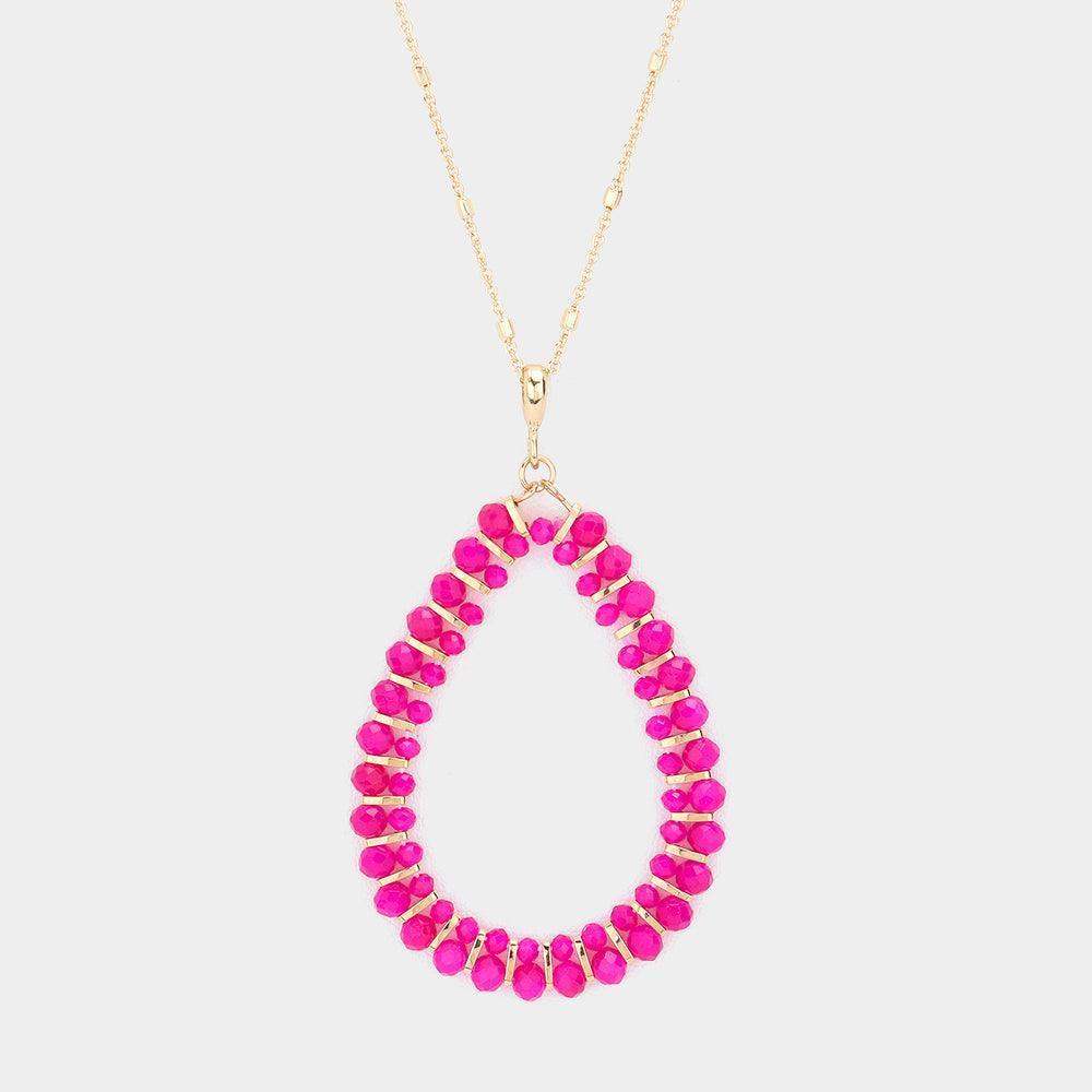 Fuchsia Faceted Beaded Open Teardrop Pendant Long Necklace - Jewelry Store by Erik Rayo
