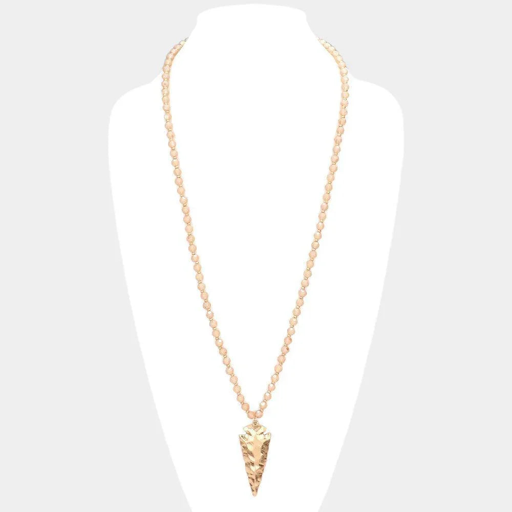 Pink Hammered Metal Arrow Pendant Faceted Beads Long Necklace - Jewelry Store by Erik Rayo