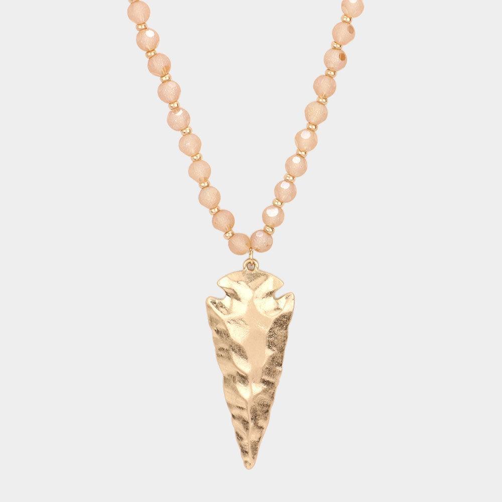 Pink Hammered Metal Arrow Pendant Faceted Beads Long Necklace - Jewelry Store by Erik Rayo
