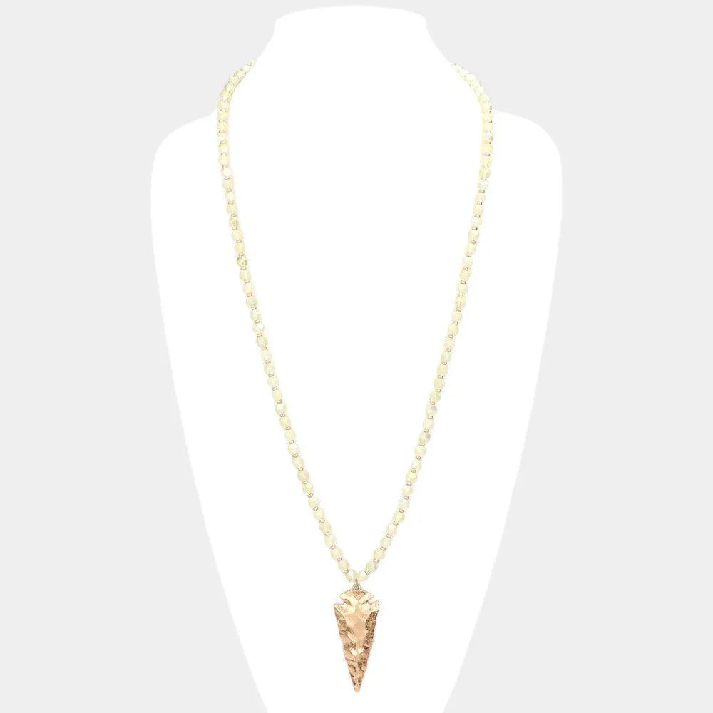 Yellow Hammered Metal Arrow Pendant Faceted Beads Long Necklace - Jewelry Store by Erik Rayo