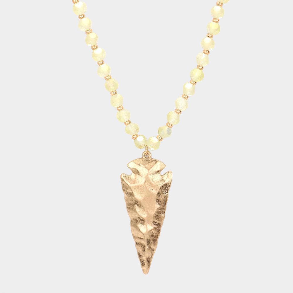 Yellow Hammered Metal Arrow Pendant Faceted Beads Long Necklace - Jewelry Store by Erik Rayo