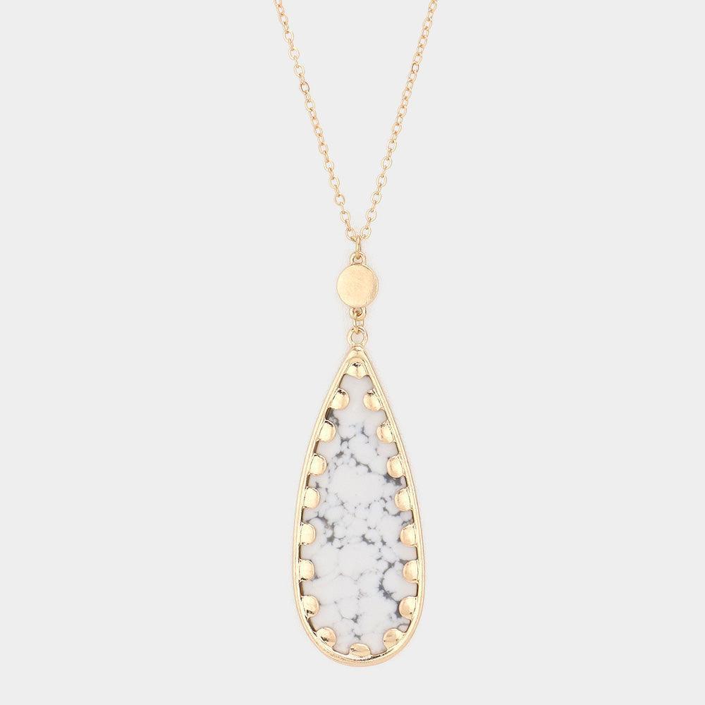 White Semi Precious Teardrop Pendant Long Necklace - Jewelry Store by Erik Rayo