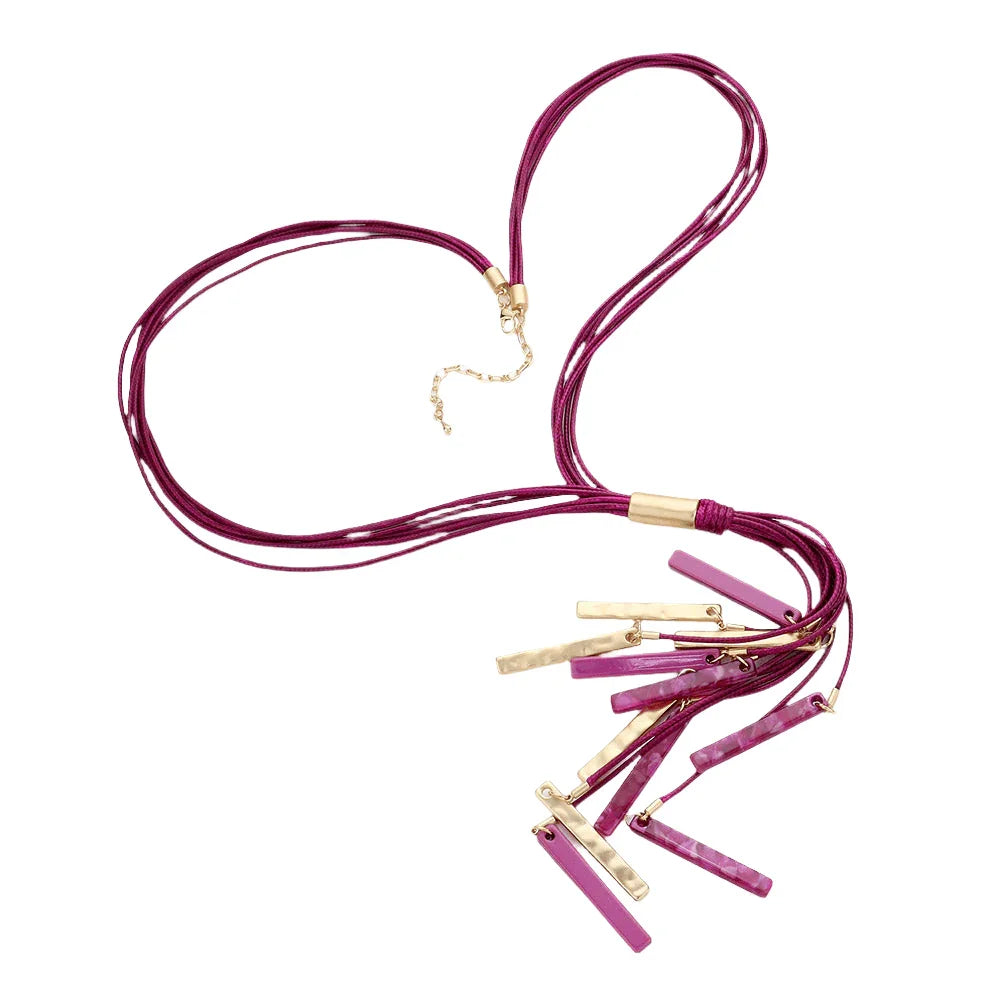 Gold Marbled Bead Metal Rectangle Cluster Cord Layered Long Necklace - Jewelry Store by Erik Rayo