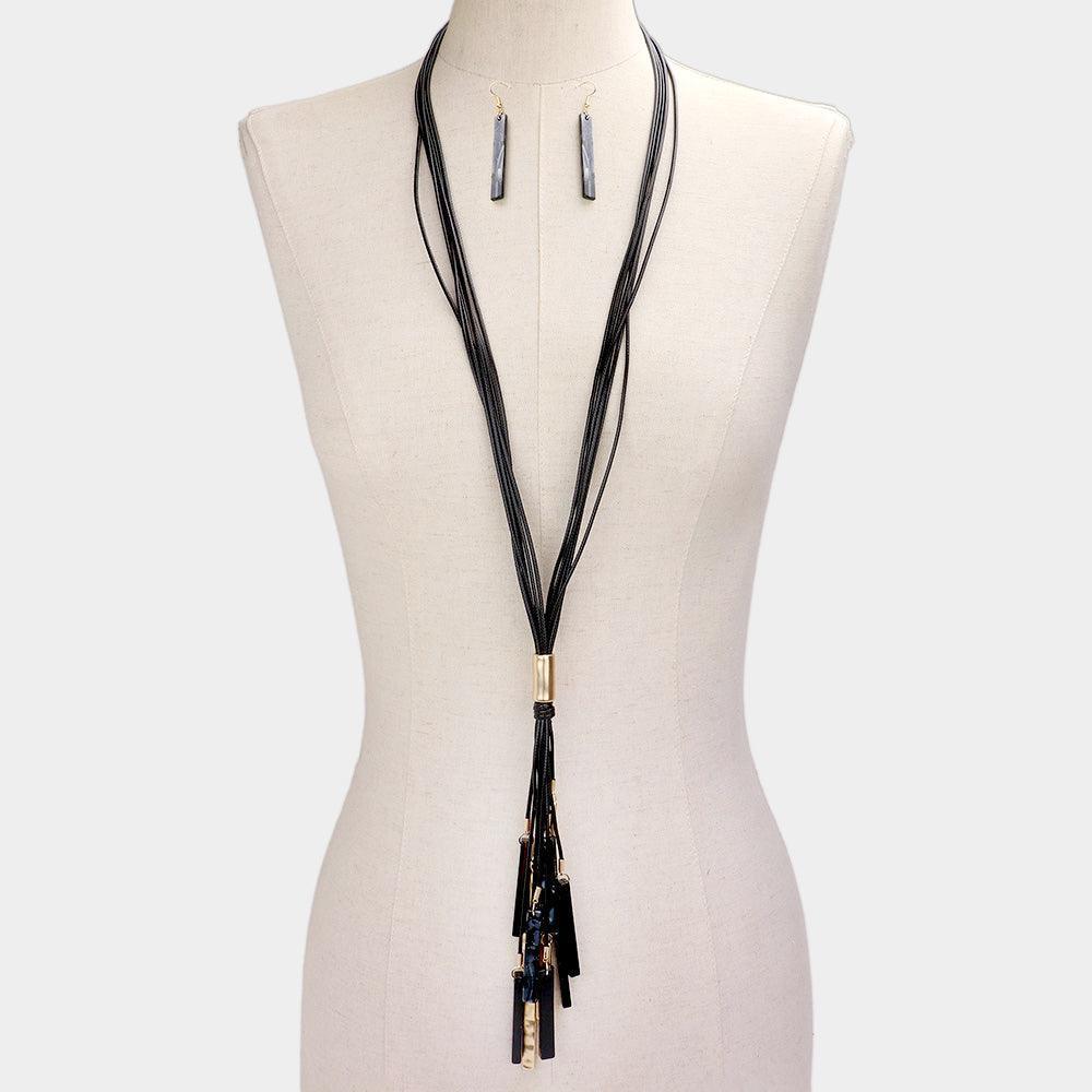 Black Marbled Bead Metal Rectangle Cluster Cord Layered Long Necklace - Jewelry Store by Erik Rayo