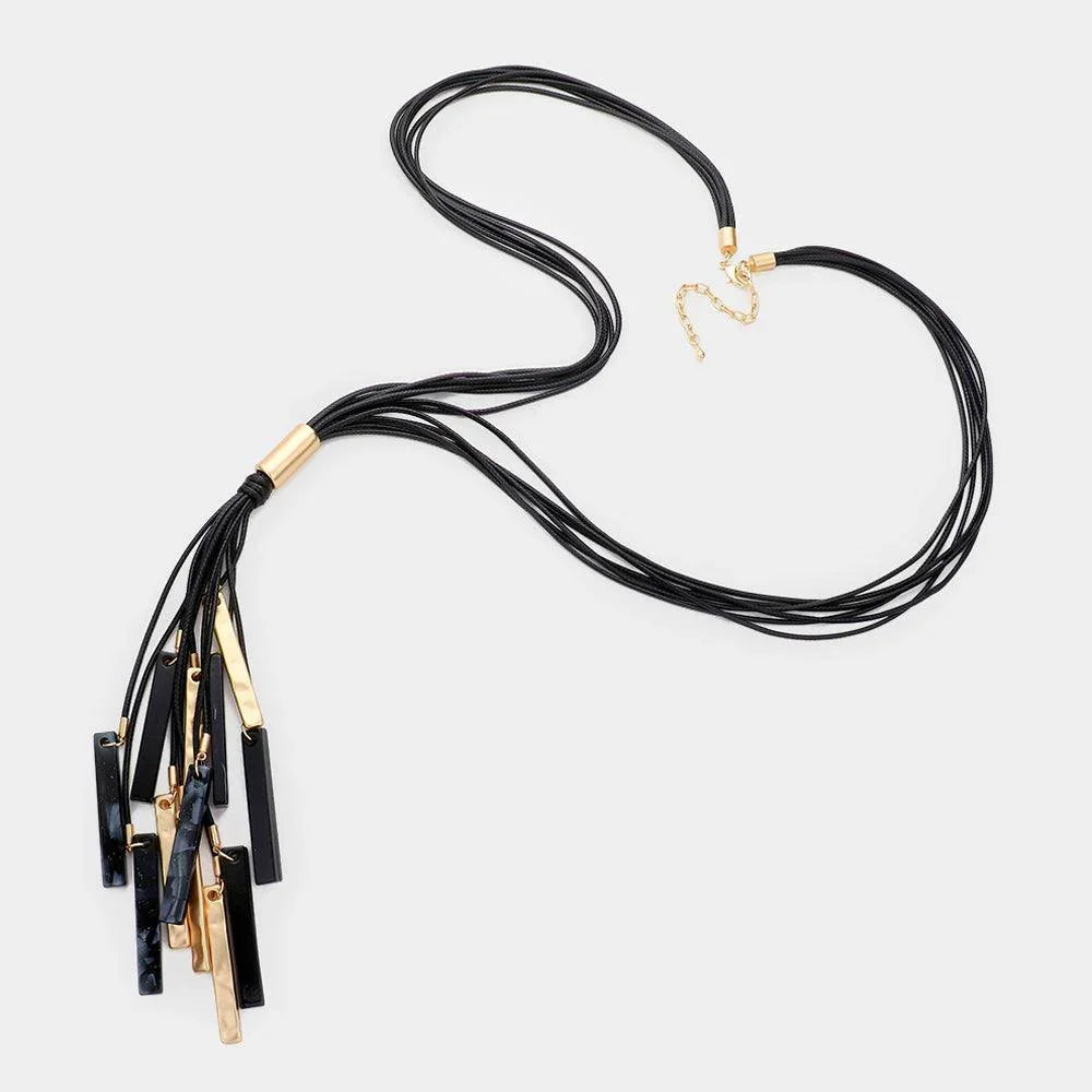 Black Marbled Bead Metal Rectangle Cluster Cord Layered Long Necklace - Jewelry Store by Erik Rayo