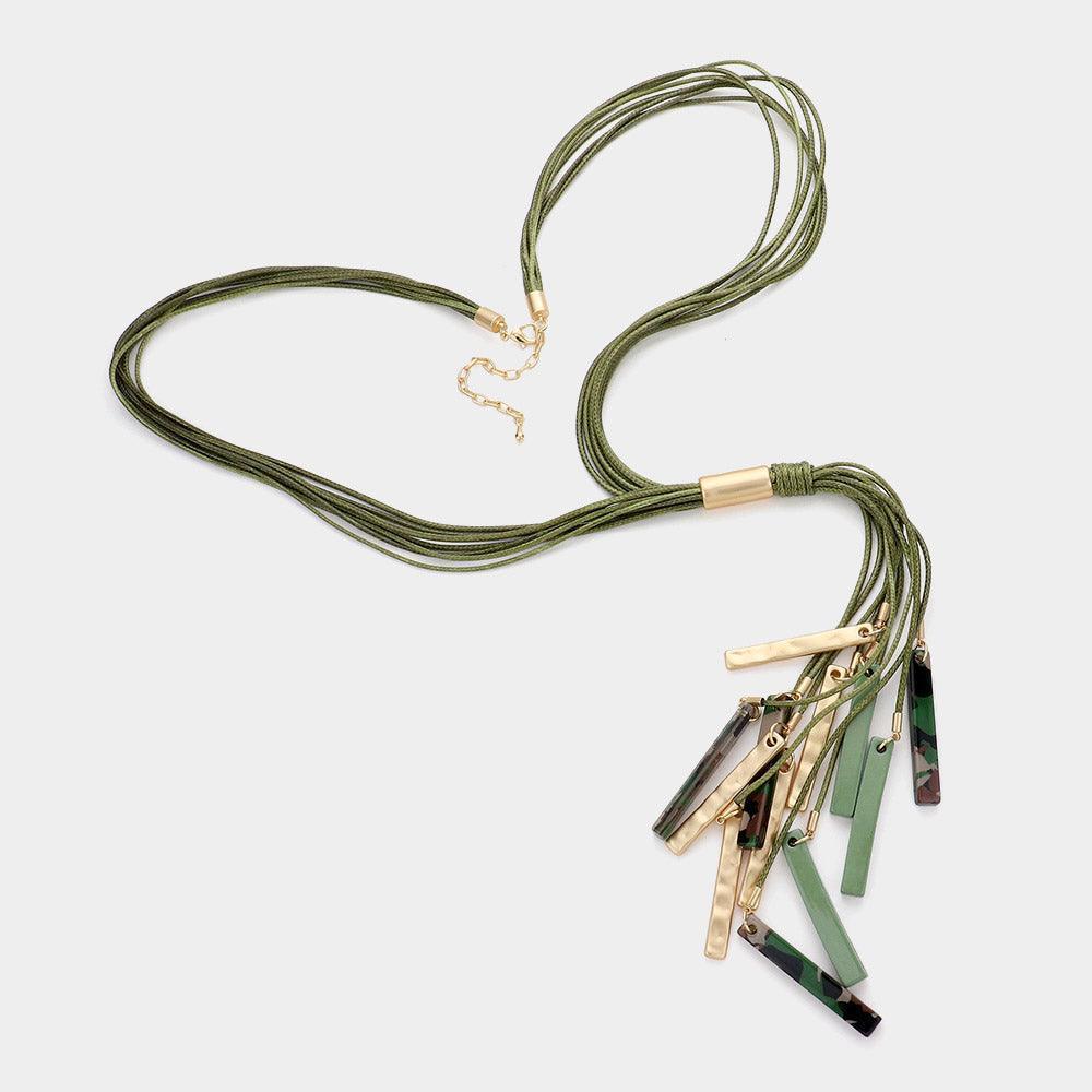 Green Marbled Bead Metal Rectangle Cluster Cord Layered Long Necklace - Jewelry Store by Erik Rayo