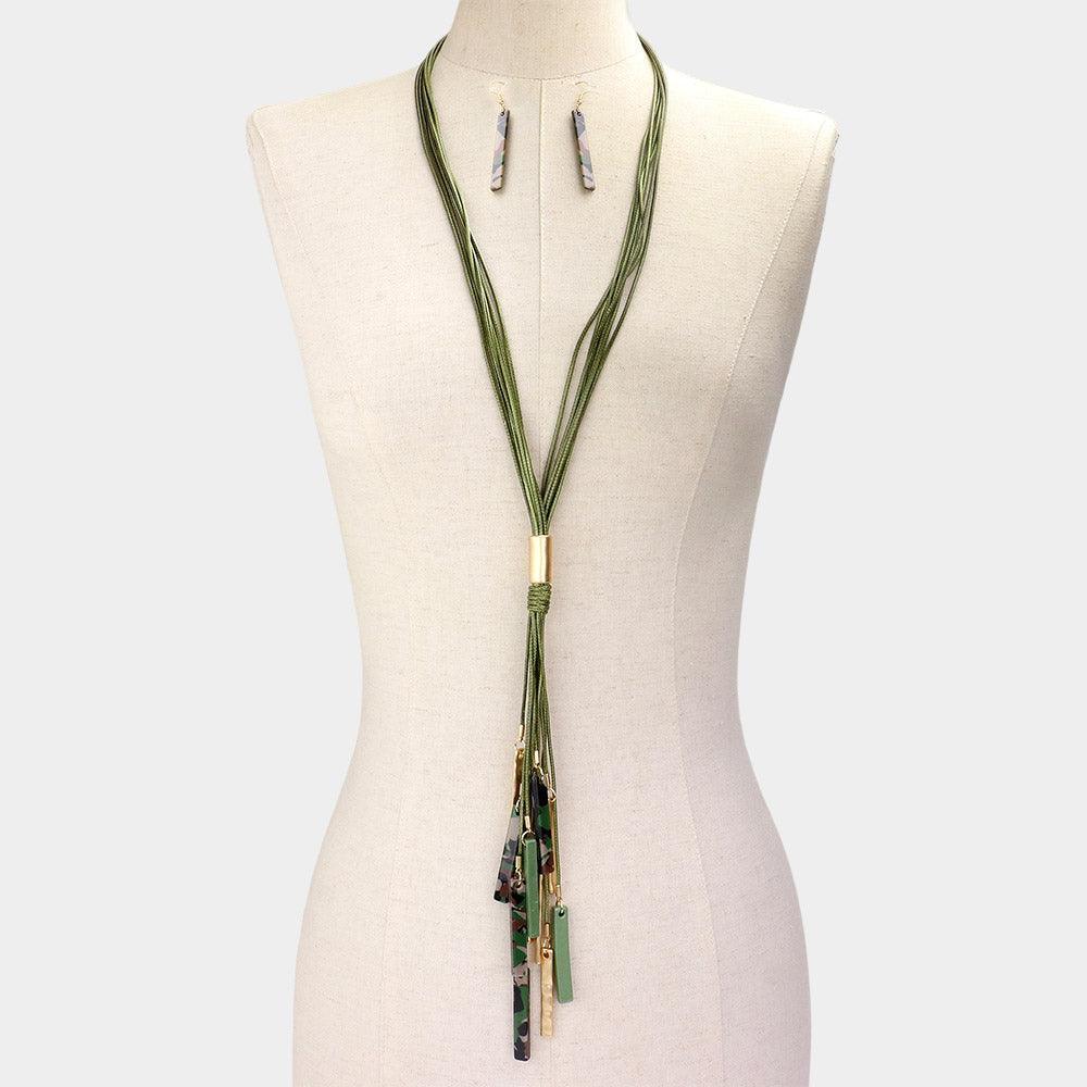Green Marbled Bead Metal Rectangle Cluster Cord Layered Long Necklace - Jewelry Store by Erik Rayo