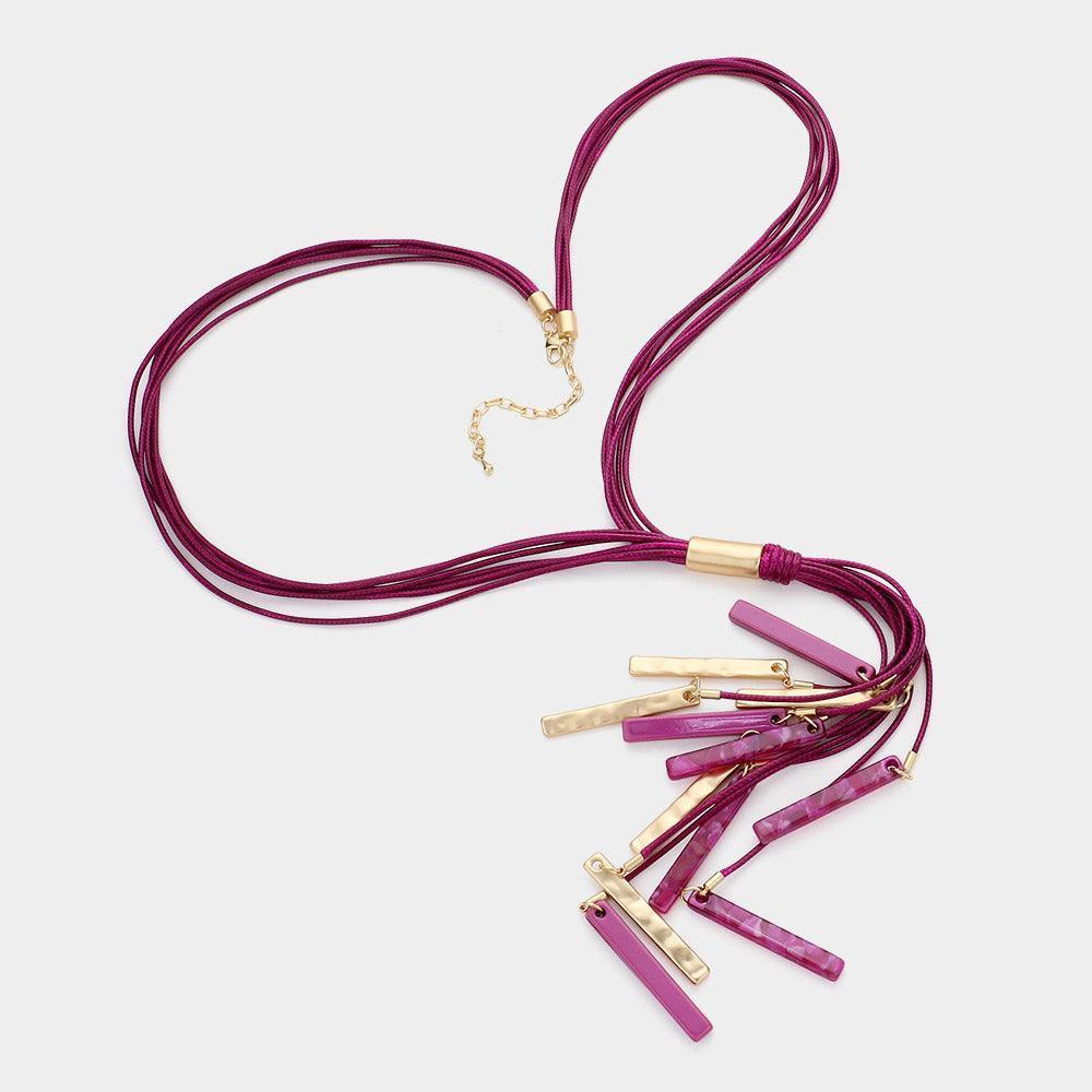 Gold Marbled Bead Metal Rectangle Cluster Cord Layered Long Necklace - Jewelry Store by Erik Rayo