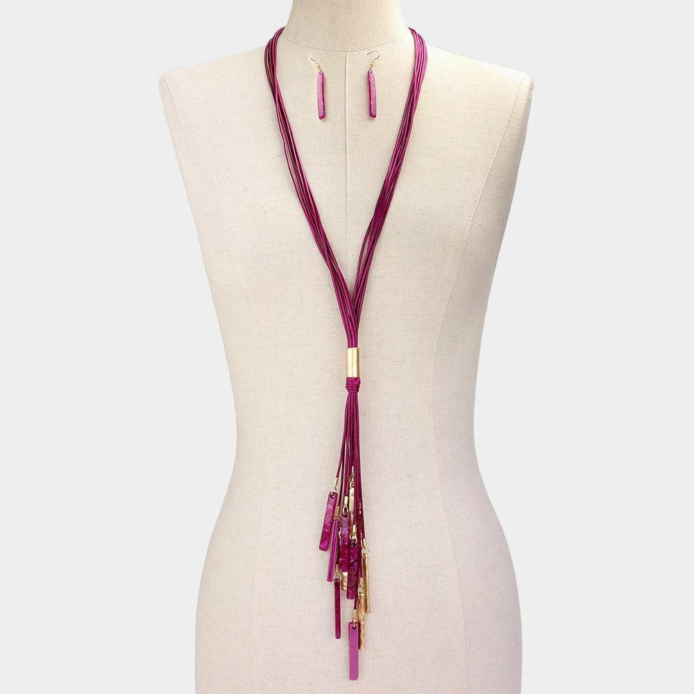 Gold Marbled Bead Metal Rectangle Cluster Cord Layered Long Necklace - Jewelry Store by Erik Rayo
