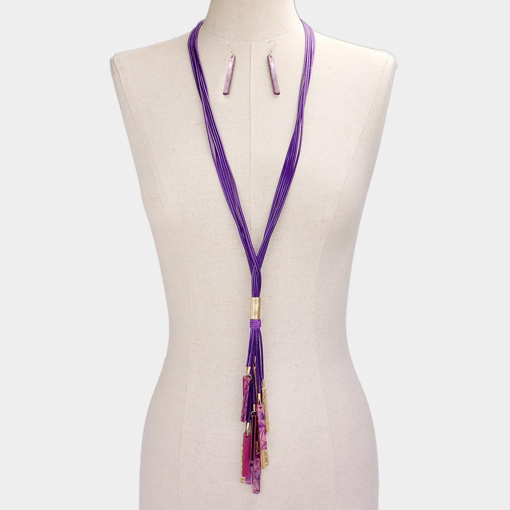 Purple Marbled Bead Metal Rectangle Cluster Cord Layered Long Necklace - Jewelry Store by Erik Rayo