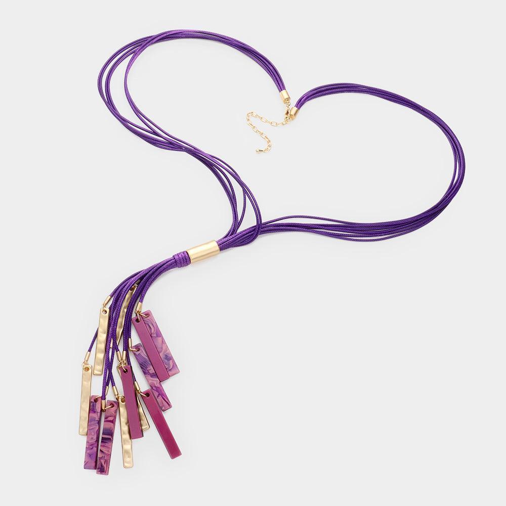 Purple Marbled Bead Metal Rectangle Cluster Cord Layered Long Necklace - Jewelry Store by Erik Rayo