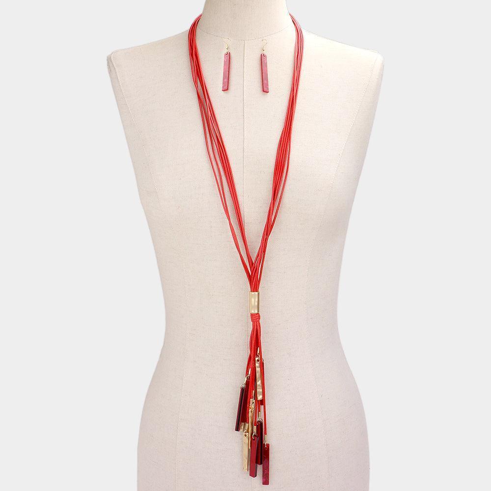 Red Marbled Bead Metal Rectangle Cluster Cord Layered Long Necklace - Jewelry Store by Erik Rayo