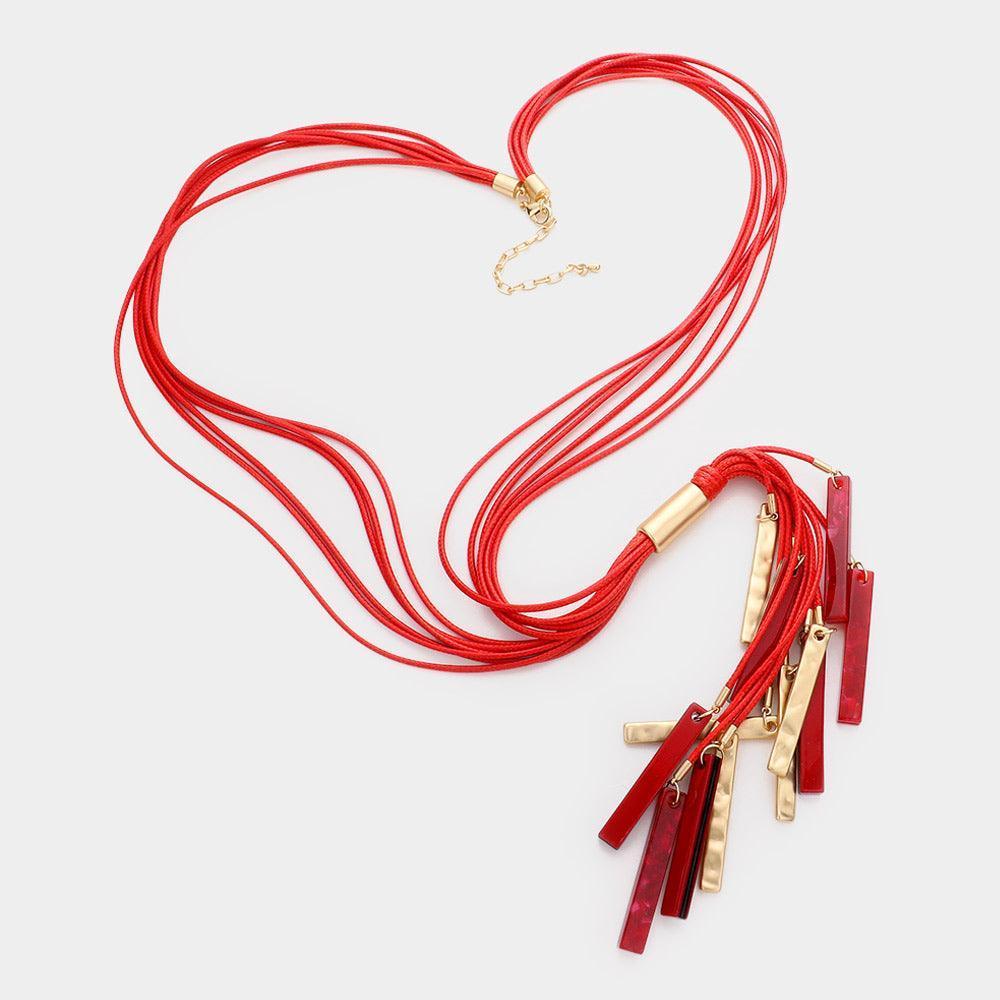 Red Marbled Bead Metal Rectangle Cluster Cord Layered Long Necklace - Jewelry Store by Erik Rayo