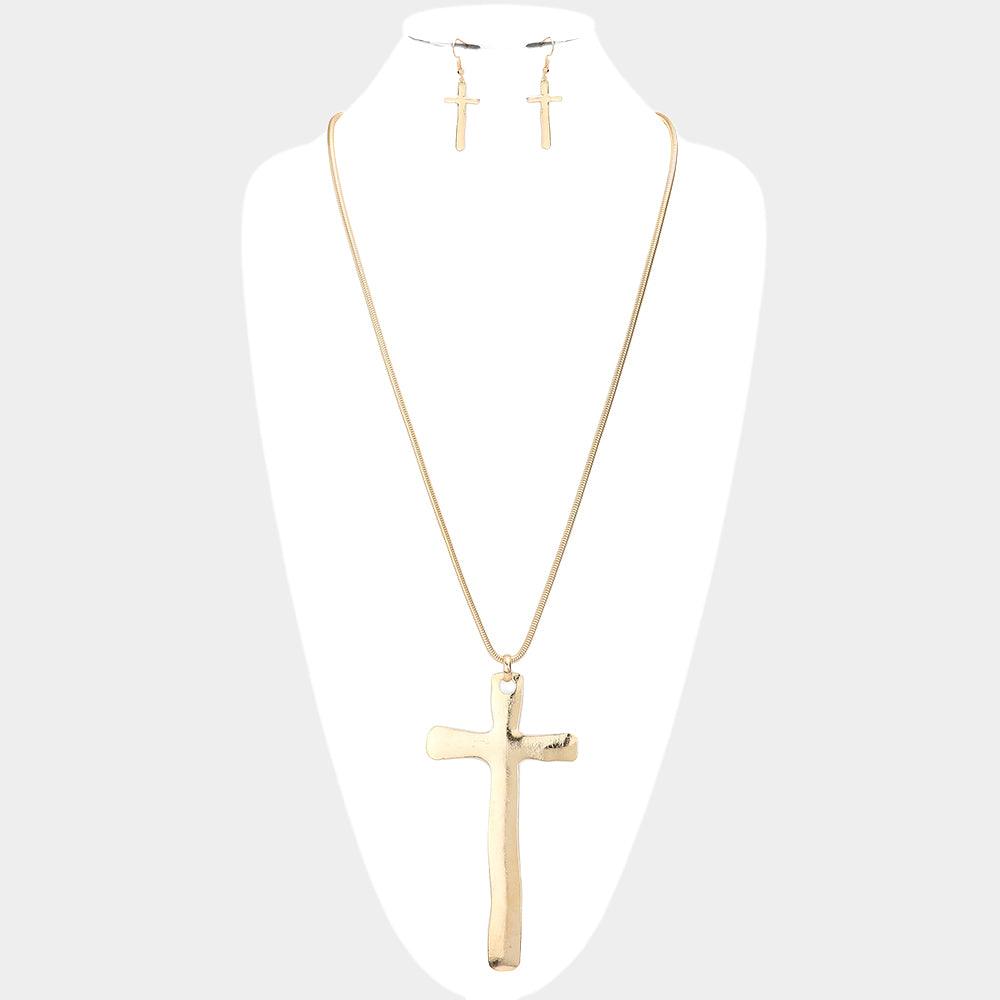 Gold Metal Cross Pendant Long Necklace