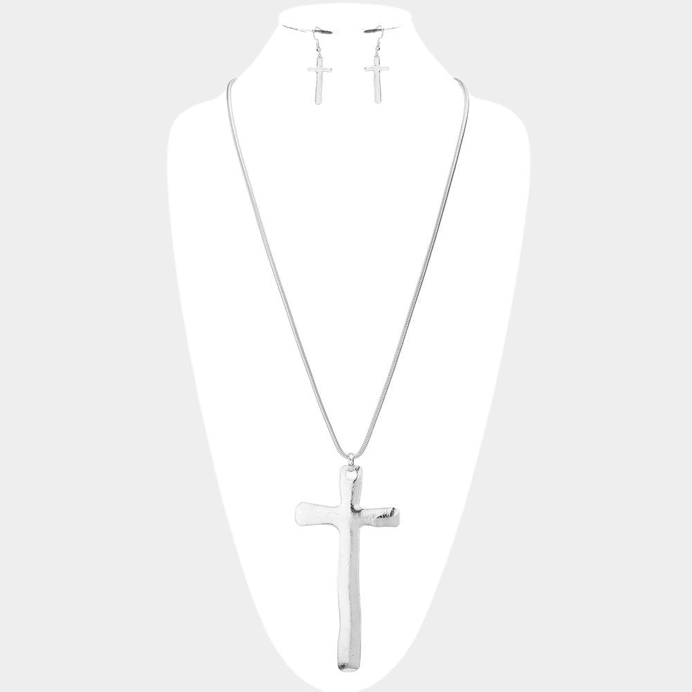 Silver Metal Cross Pendant Long Necklace