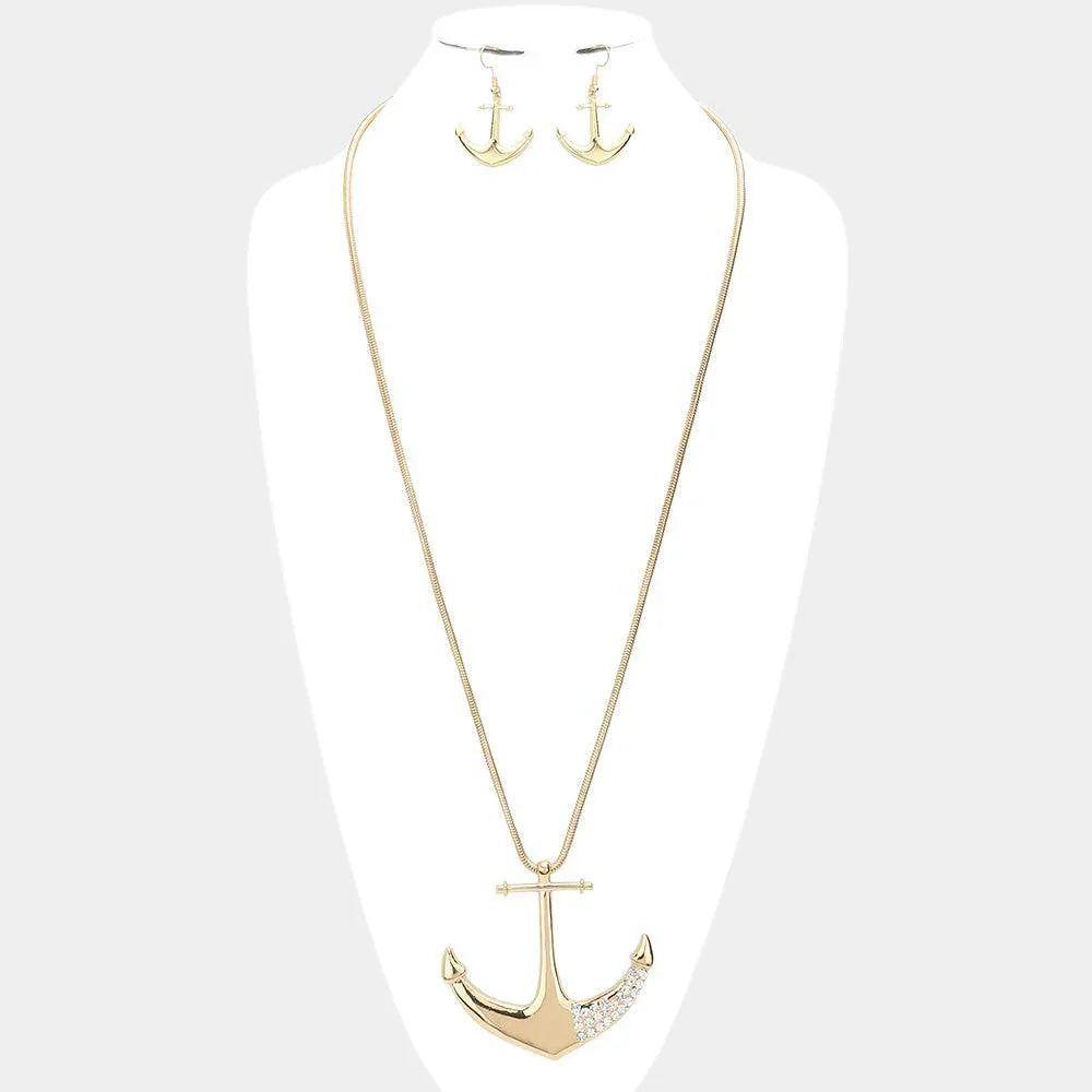Gold Rhinestone Embellished Metal Anchor Pendant Long Necklace - Jewelry Store by Erik Rayo