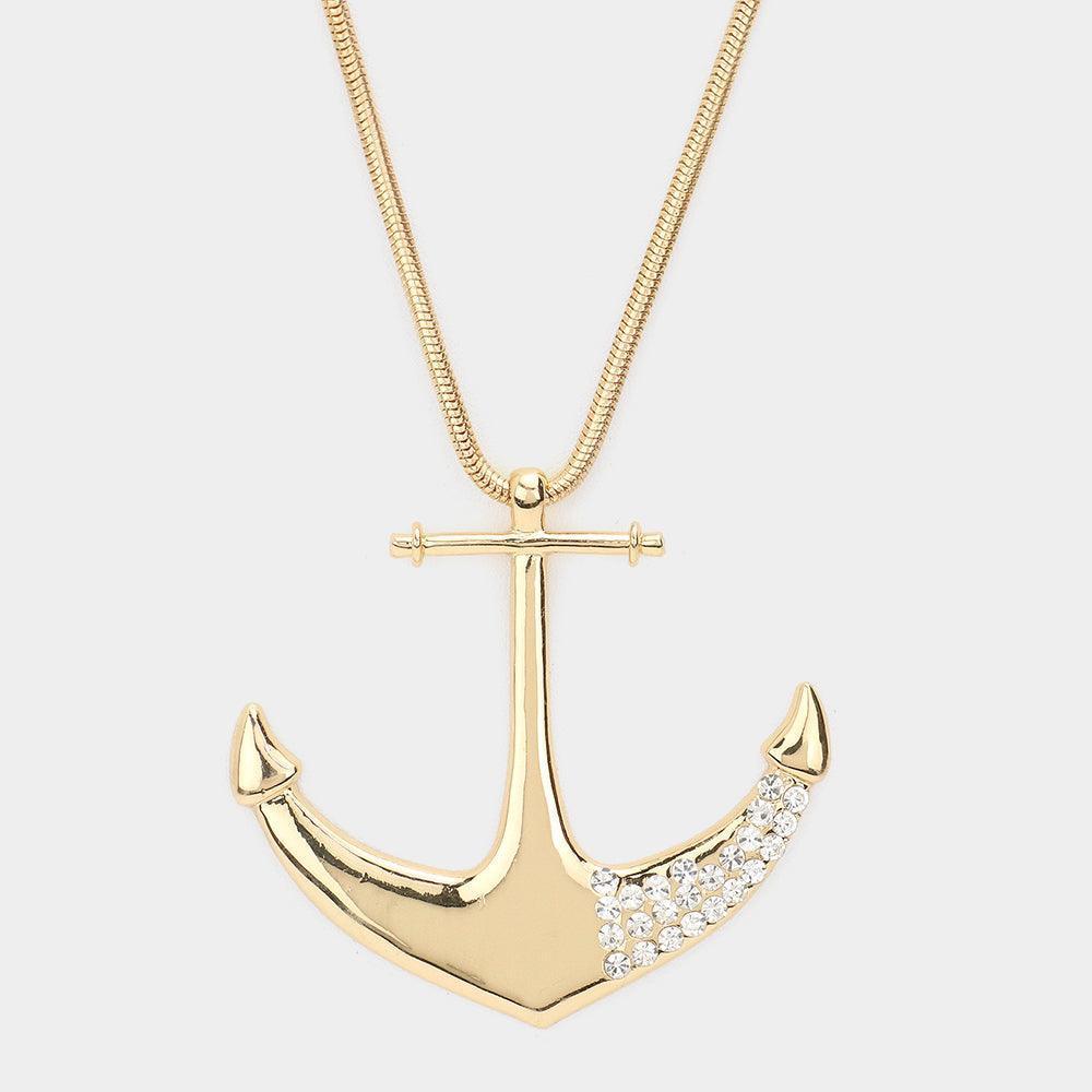 Gold Rhinestone Embellished Metal Anchor Pendant Long Necklace - Jewelry Store by Erik Rayo