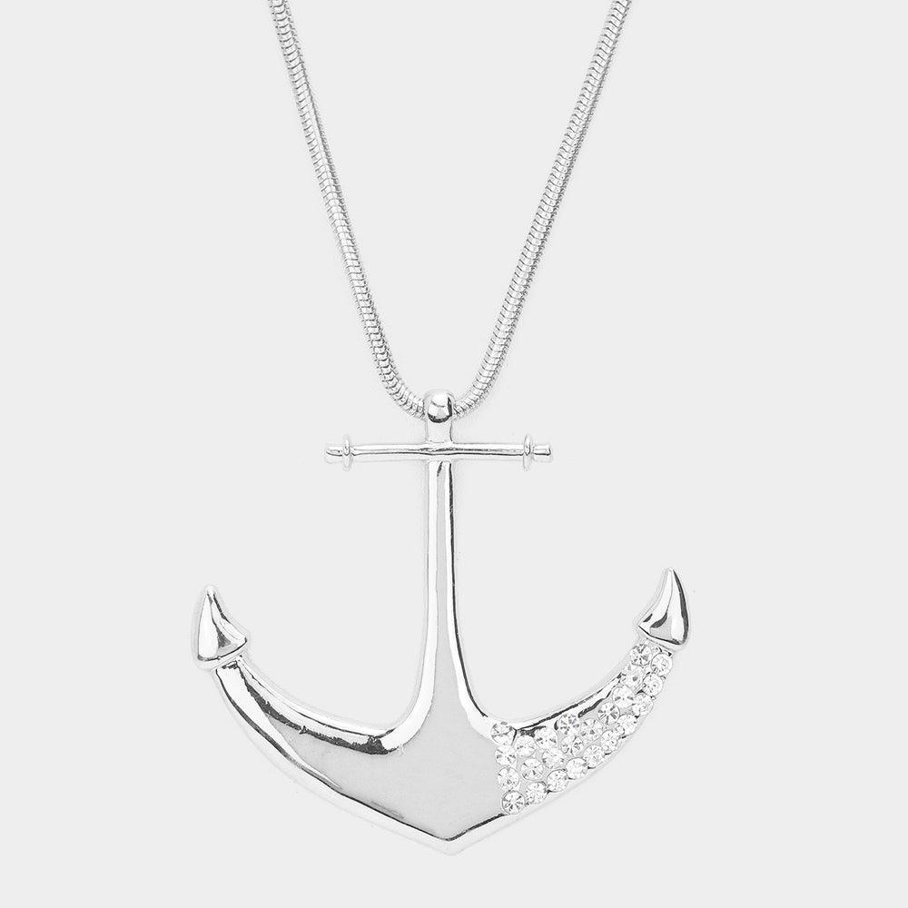 Silver Rhinestone Embellished Metal Anchor Pendant Long Necklace - Jewelry Store by Erik Rayo