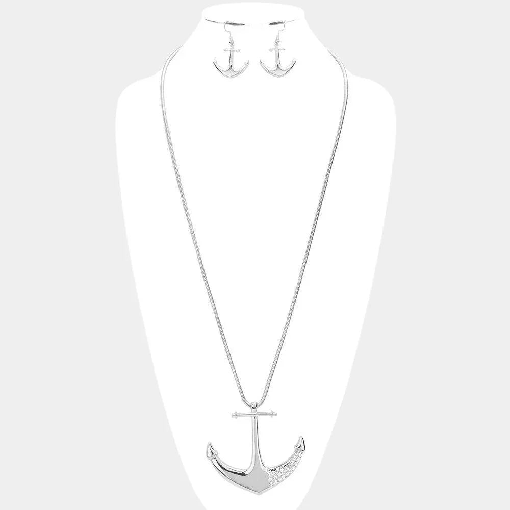 Silver Rhinestone Embellished Metal Anchor Pendant Long Necklace - Jewelry Store by Erik Rayo