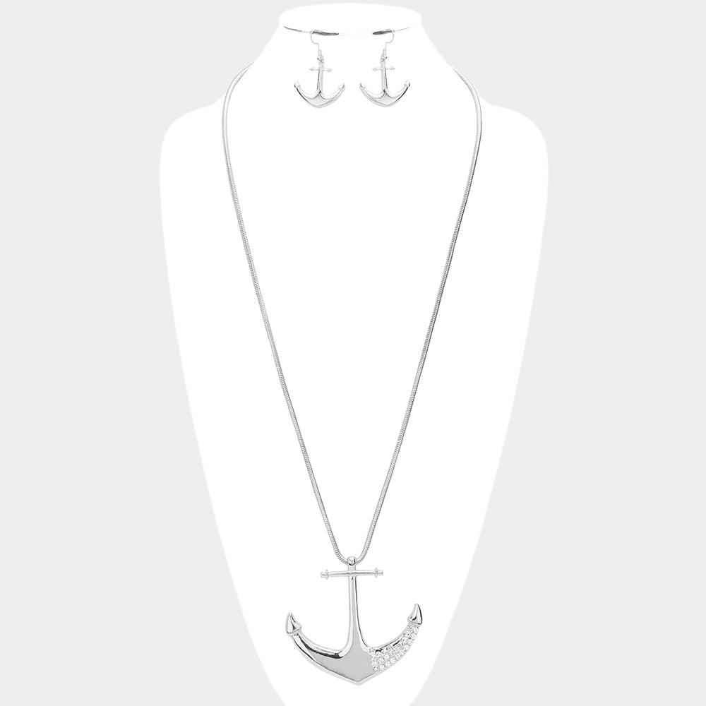 Silver Rhinestone Embellished Metal Anchor Pendant Long Necklace