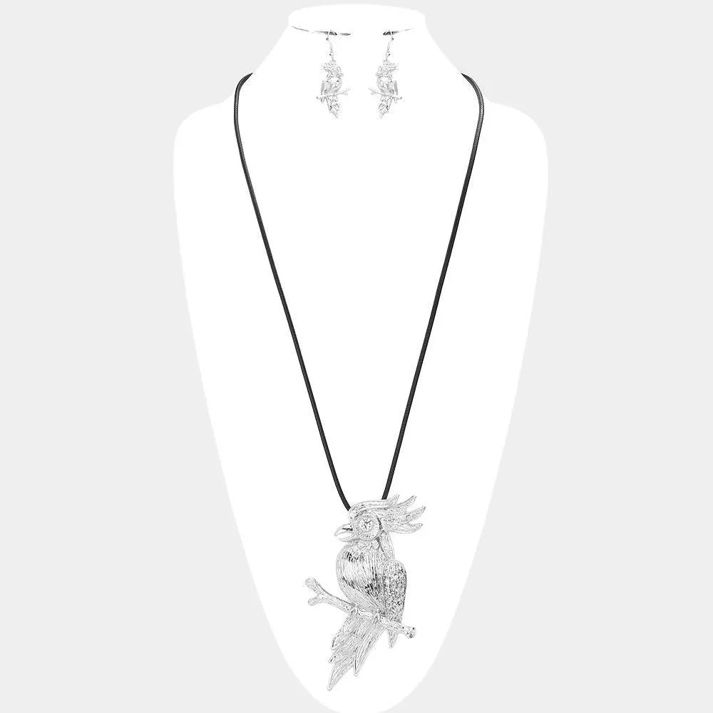 Silver Stone Pointed Metal Parrot Pendant Long Necklace - Jewelry Store by Erik Rayo