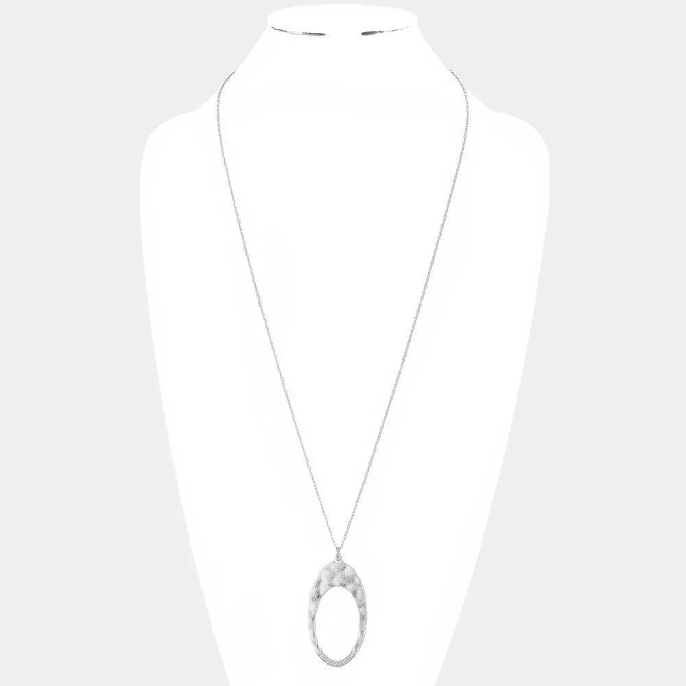 Silver Wire Wrapped Open Metal Oval Pendant Long Necklace - Jewelry Store by Erik Rayo