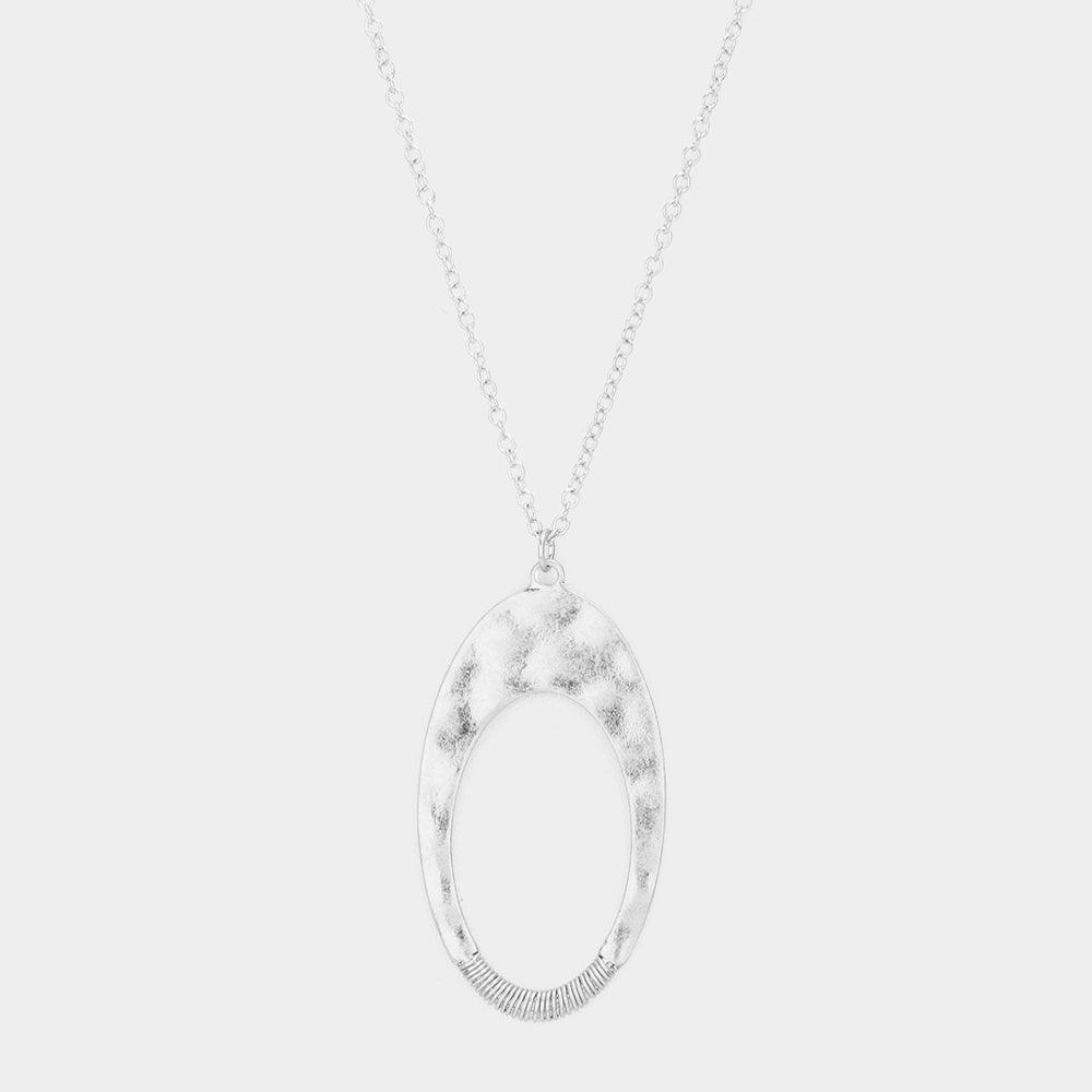 Silver Wire Wrapped Open Metal Oval Pendant Long Necklace - Jewelry Store by Erik Rayo