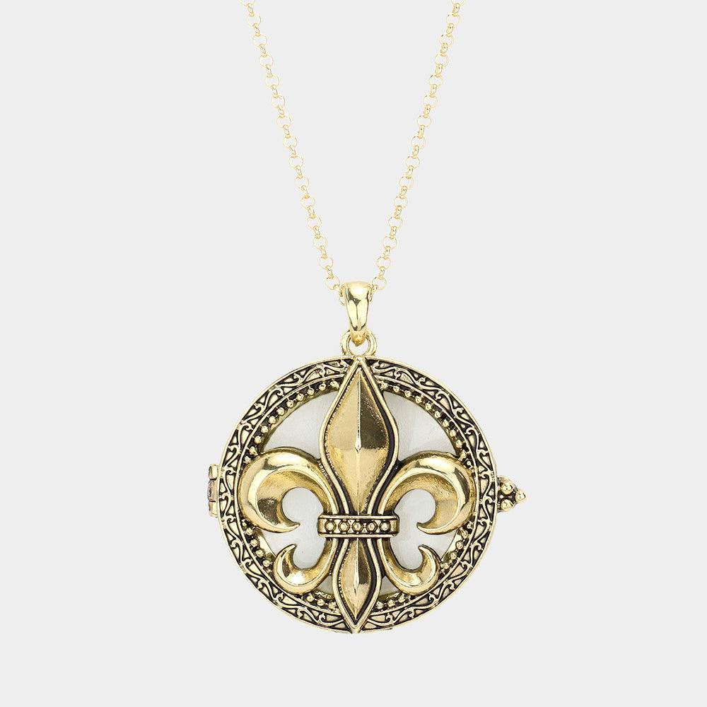 Gold Antique Metal Fleur de Lis Pendant Magnifying Glass Long Necklace