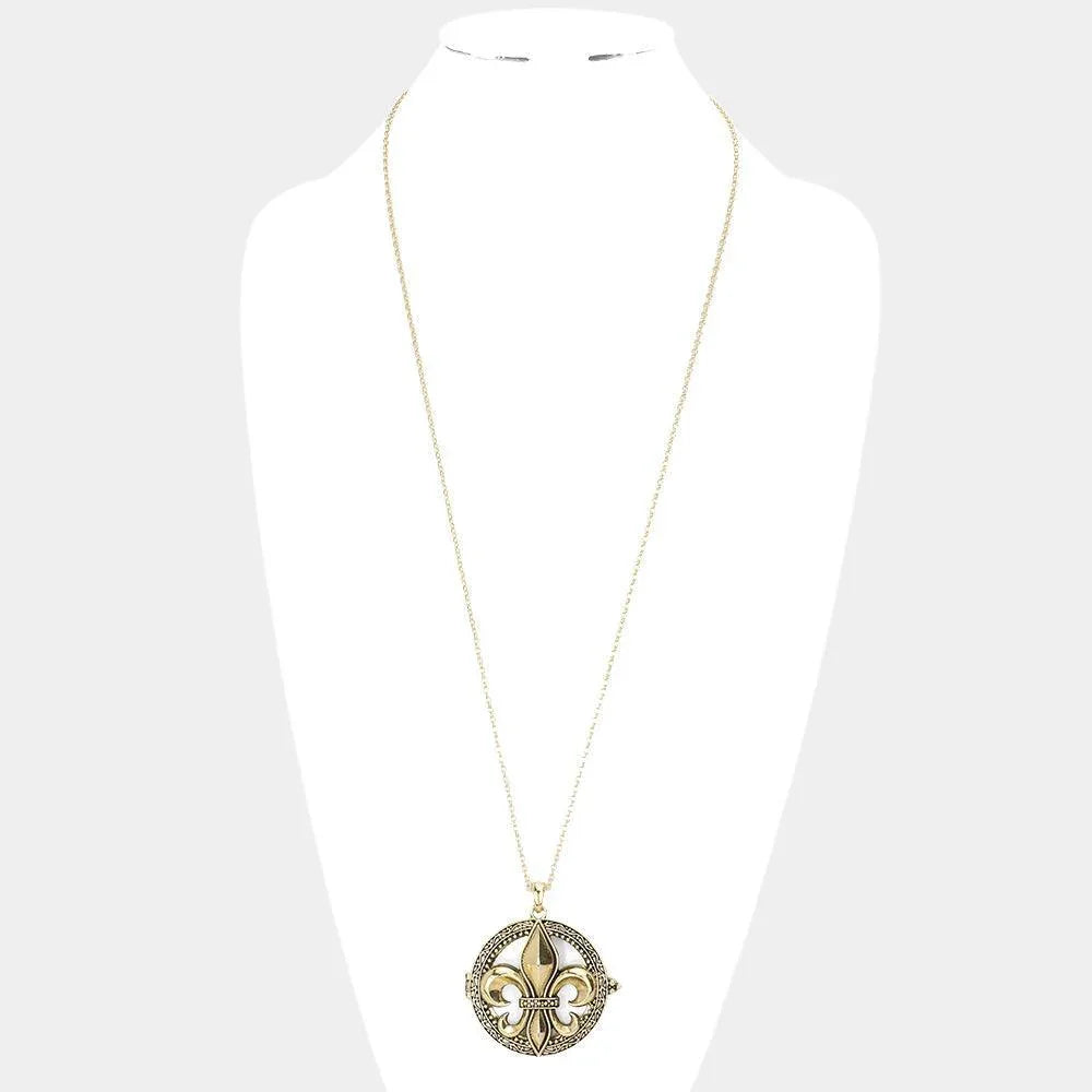 Gold Antique Metal Fleur de Lis Pendant Magnifying Glass Long Necklace - Jewelry Store by Erik Rayo