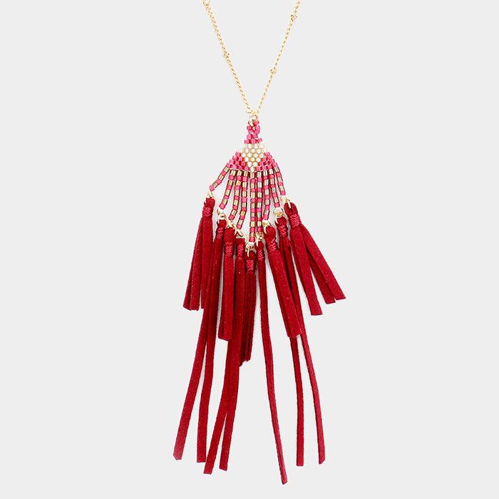 Gold Bead Suede Tassel Pendant Necklace