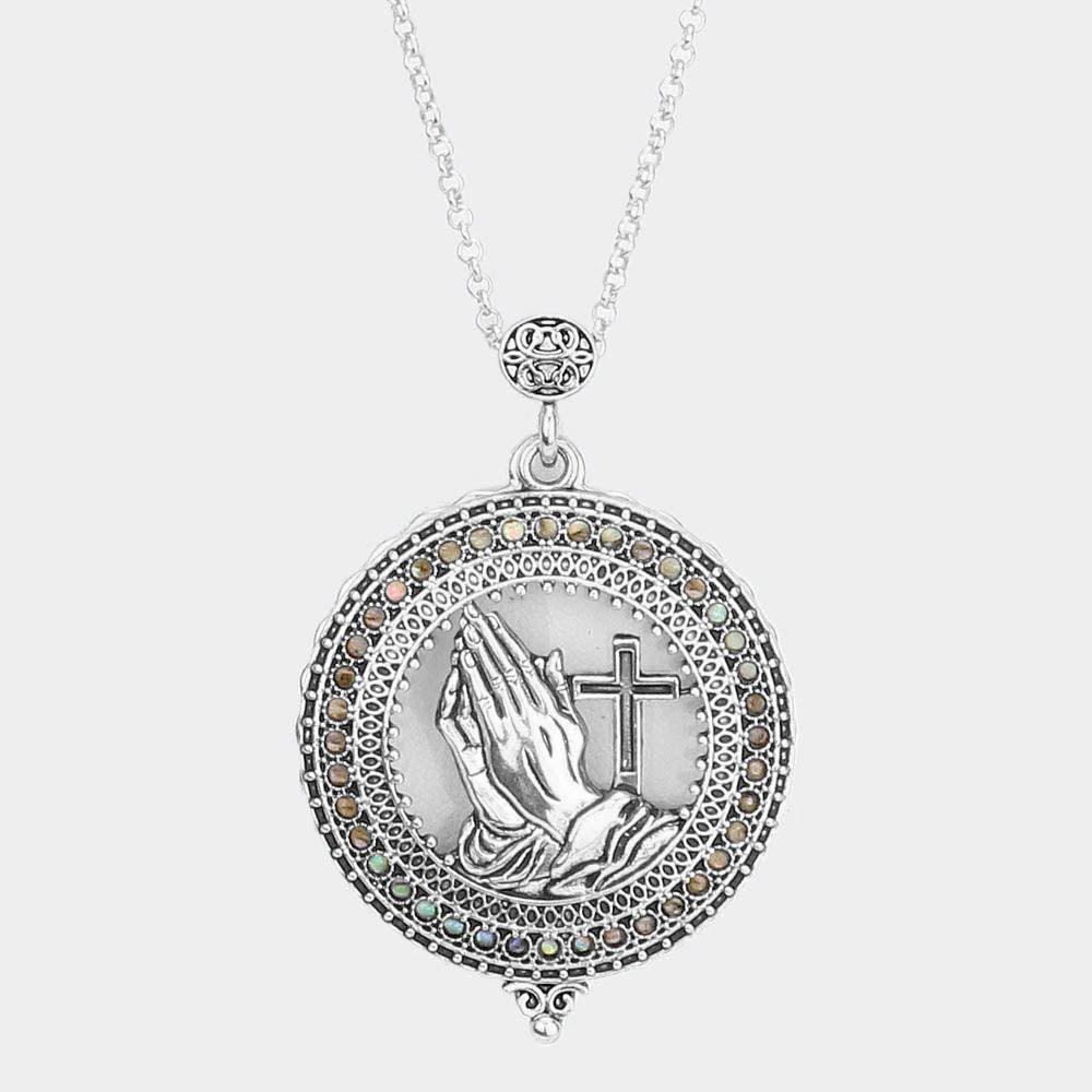 Silver Antique Metal Praying Hands Cross Pendant Magnifying Glass Long Necklace - Jewelry Store by Erik Rayo