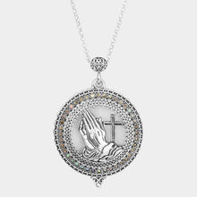 Load image into Gallery viewer, Silver Antique Metal Praying Hands Cross Pendant Magnifying Glass Long Necklace
