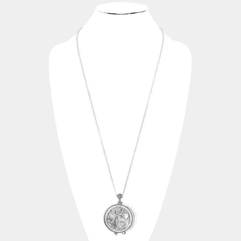 Silver Antique Metal Mermaid Pendant Magnifying Glass Long Necklace - Jewelry Store by Erik Rayo