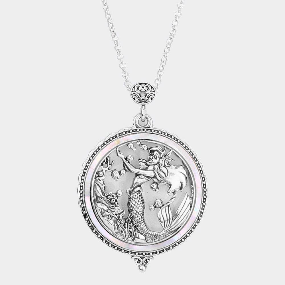 Silver Antique Metal Mermaid Pendant Magnifying Glass Long Necklace - Jewelry Store by Erik Rayo