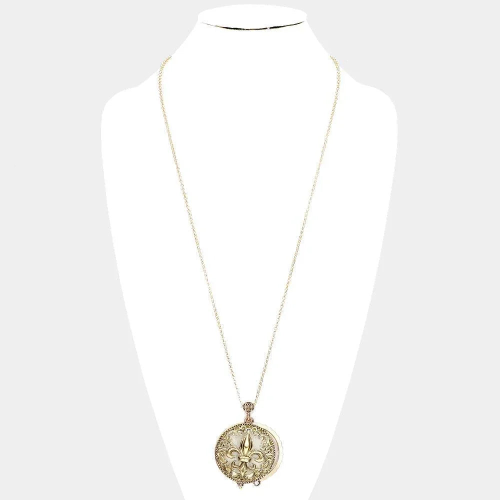 Gold Antique Metal Fleur de Lis Pendant Magnifying Glass Long Necklace - Jewelry Store by Erik Rayo