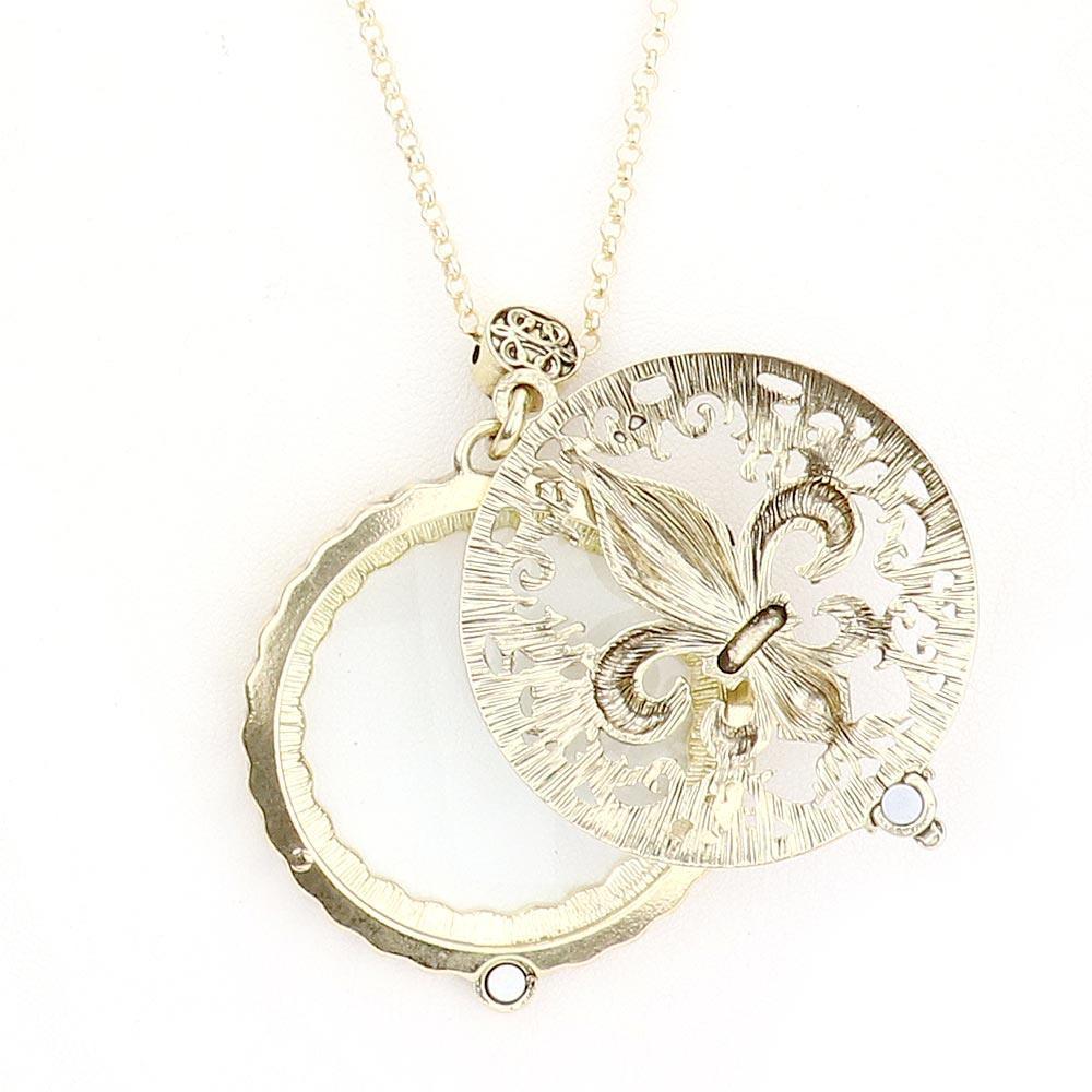 Gold Antique Metal Fleur de Lis Pendant Magnifying Glass Long Necklace - Jewelry Store by Erik Rayo