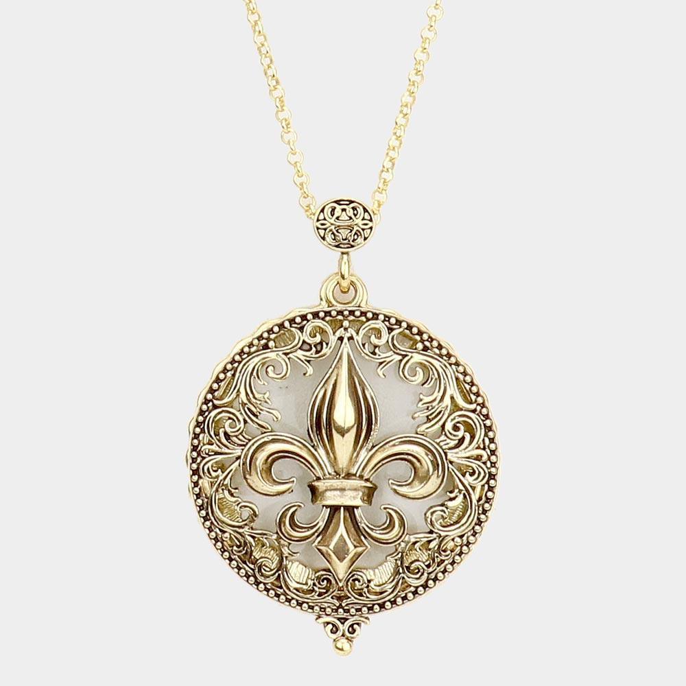 Gold Antique Metal Fleur de Lis Pendant Magnifying Glass Long Necklace - Jewelry Store by Erik Rayo