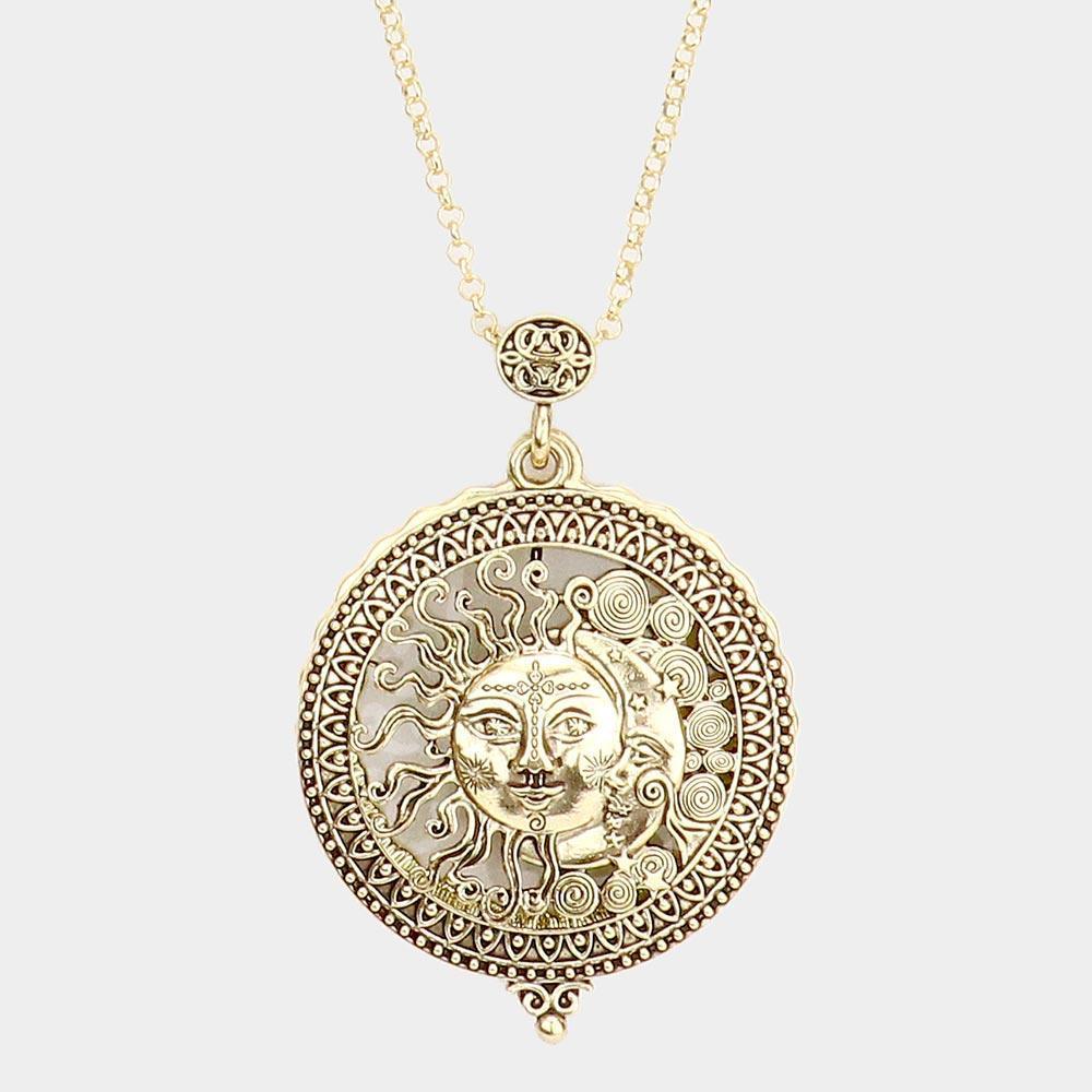 Gold Antique Metal Sun Crescent Moon Pendant Magnifying Glass Long Necklace - Jewelry Store by Erik Rayo