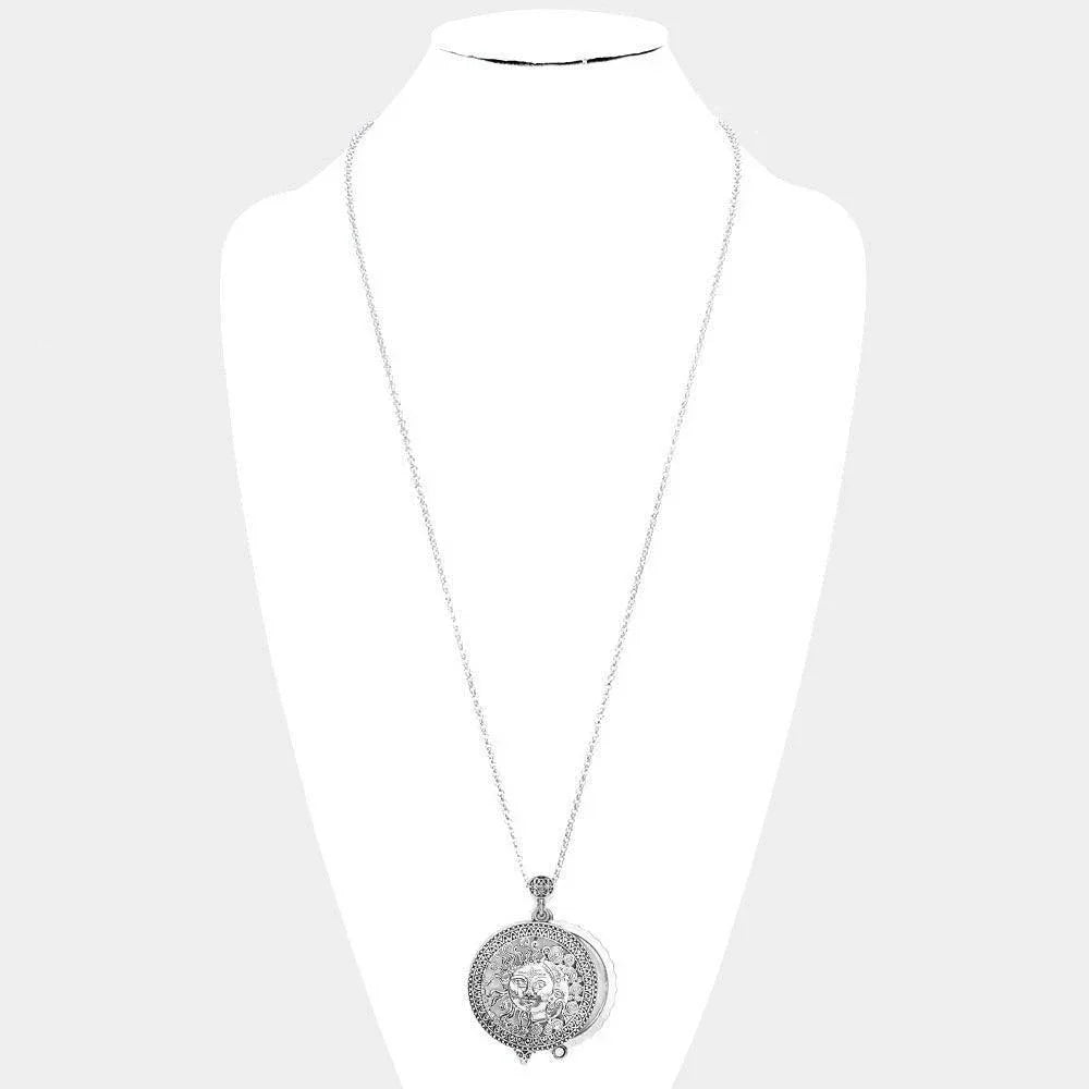 Silver Antique Metal Sun Crescent Moon Pendant Magnifying Glass Long Necklace - Jewelry Store by Erik Rayo