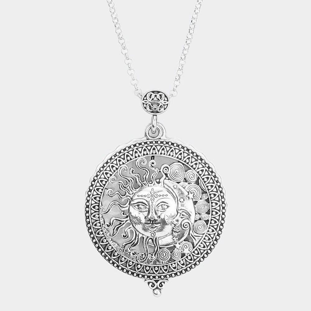 Silver Antique Metal Sun Crescent Moon Pendant Magnifying Glass Long Necklace - Jewelry Store by Erik Rayo