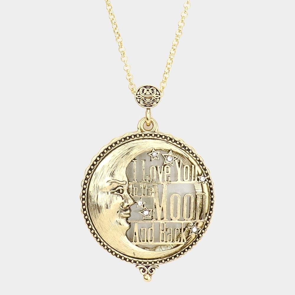 Gold I Love You... Antique Metal Crescent Moon Magnifying Glass Pendant Long Necklace - Jewelry Store by Erik Rayo