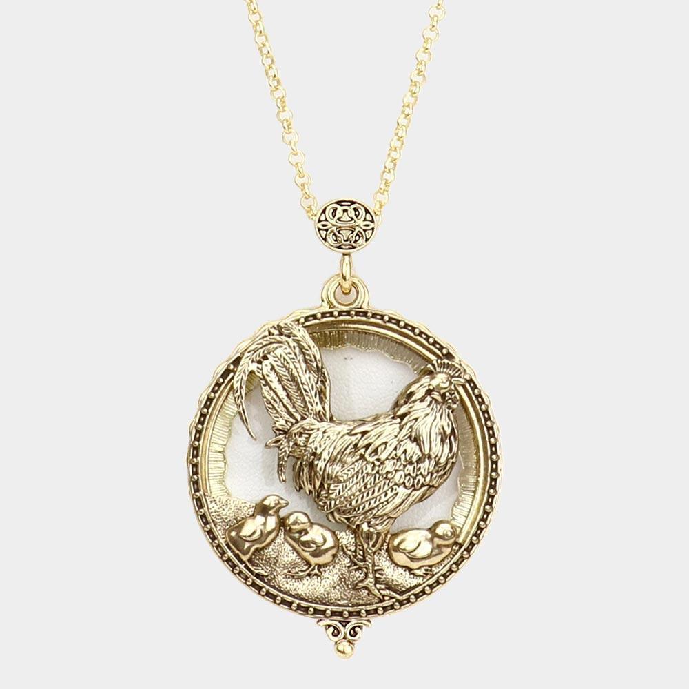 Gold Antique Metal Rooster Magnifying Glass Pendant Long Necklace - Jewelry Store by Erik Rayo