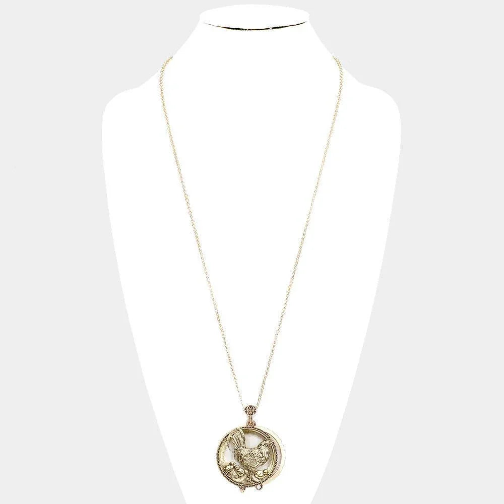Gold Antique Metal Rooster Magnifying Glass Pendant Long Necklace - Jewelry Store by Erik Rayo