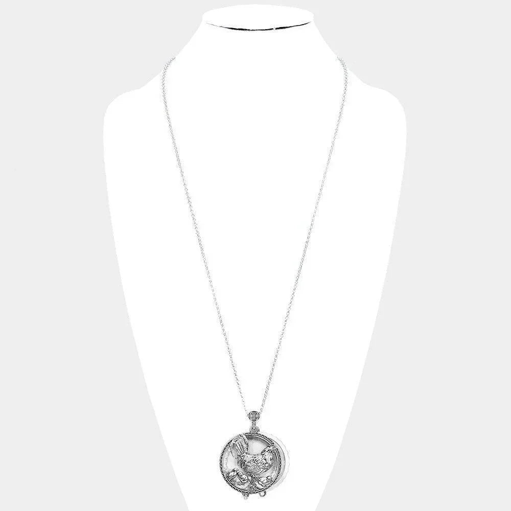 Antique Metal Rooster Magnifying Glass Pendant Long Necklace - Jewelry Store by Erik Rayo