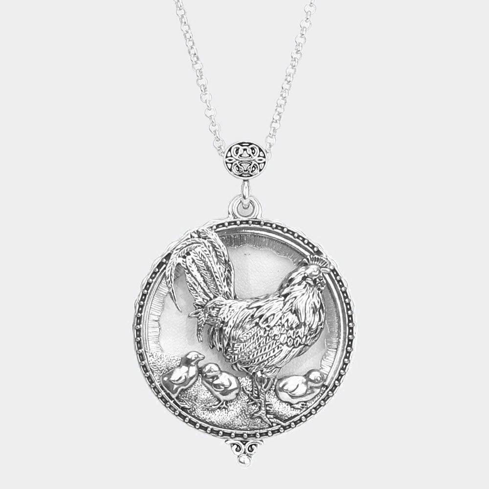 Antique Metal Rooster Magnifying Glass Pendant Long Necklace - Jewelry Store by Erik Rayo
