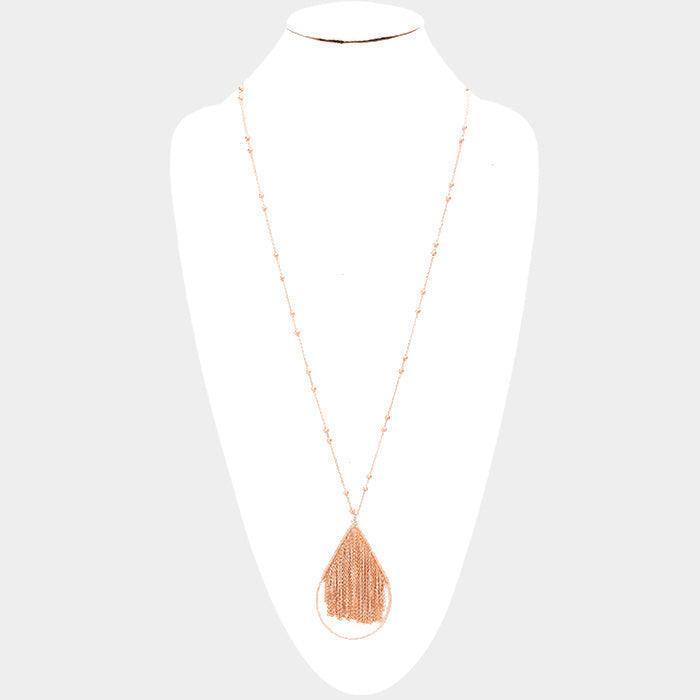 Rose Gold Metal Chain Fringe Teardrop Hoop Pendant Long Necklace - Jewelry Store by Erik Rayo