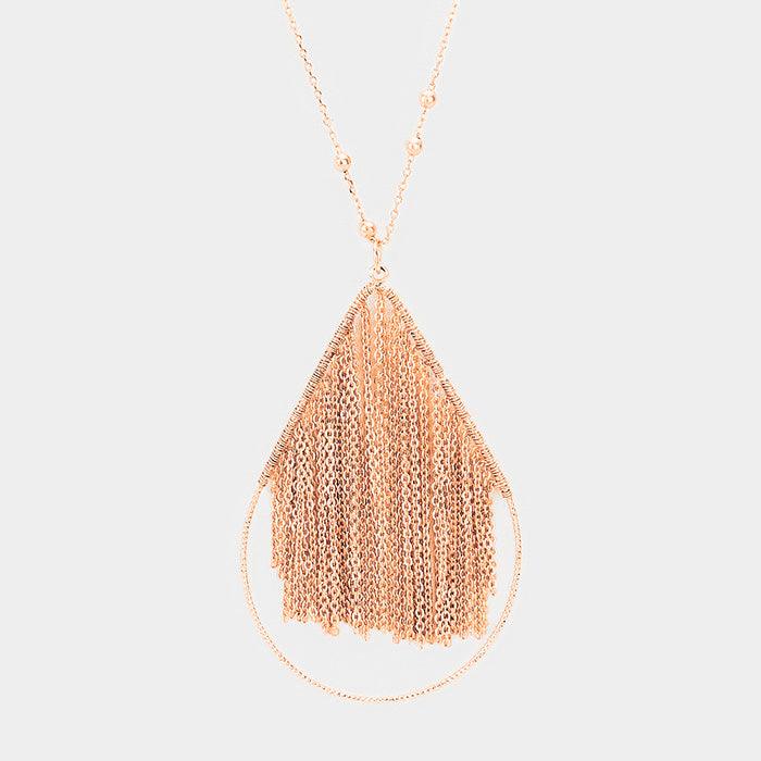 Rose Gold Metal Chain Fringe Teardrop Hoop Pendant Long Necklace