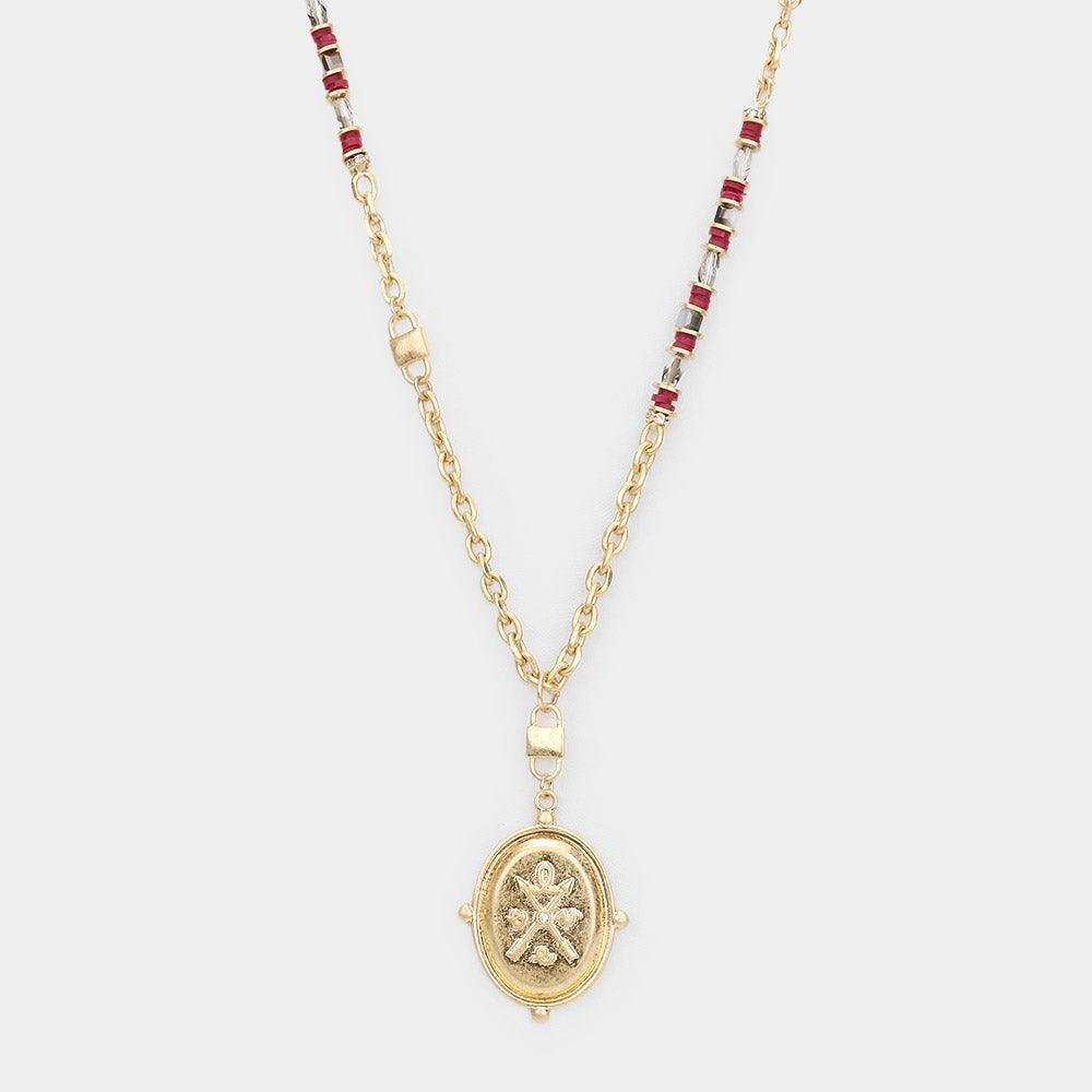 Rhinestone Centered Arrow Accented Metal Oval Pendant Long Necklace - Jewelry Store by Erik Rayo