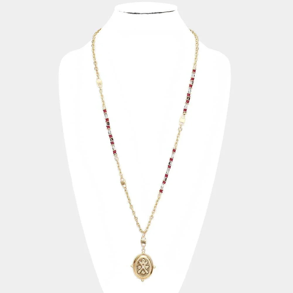 Rhinestone Centered Arrow Accented Metal Oval Pendant Long Necklace - Jewelry Store by Erik Rayo