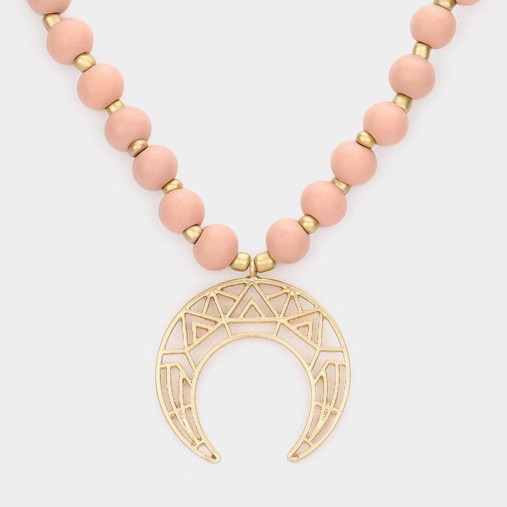 Pink Cut Out Metal Double Horn Pendant Wood Long Necklace - Jewelry Store by Erik Rayo